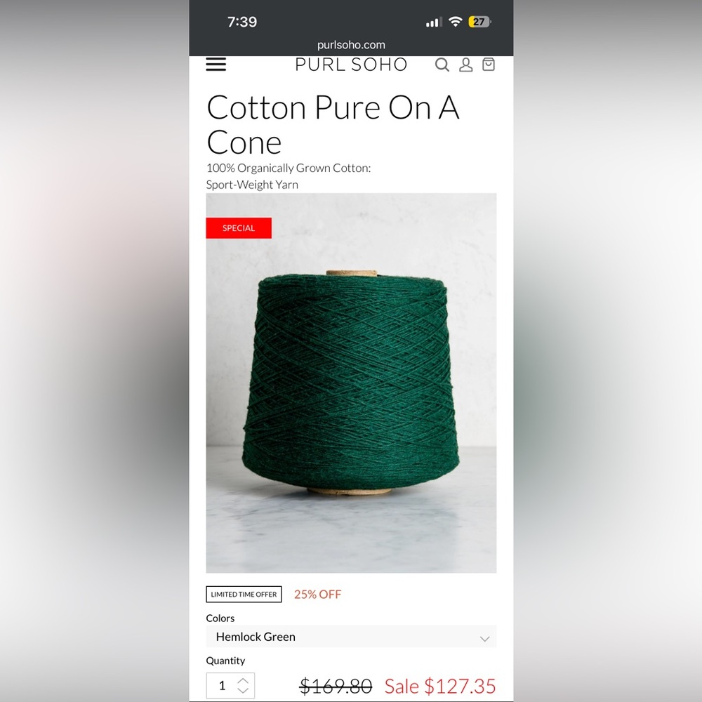 PURL SOHO
Cotton Pure On A Cone
100% Organically Grown Cotton:
Sport-Weight Yarn